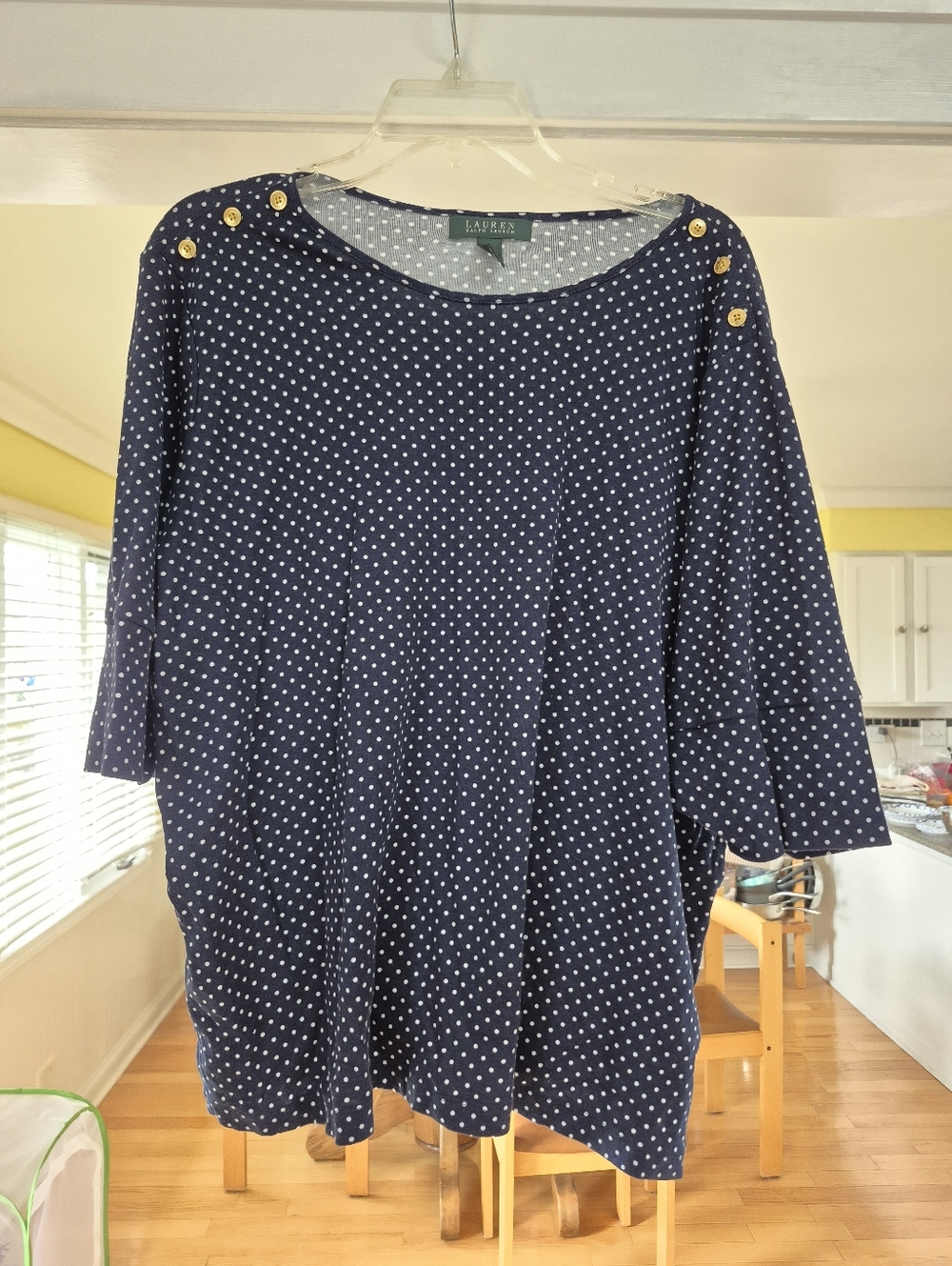 Ralph Lauren Navy and White Polka Dot Top with Gold Buttons
